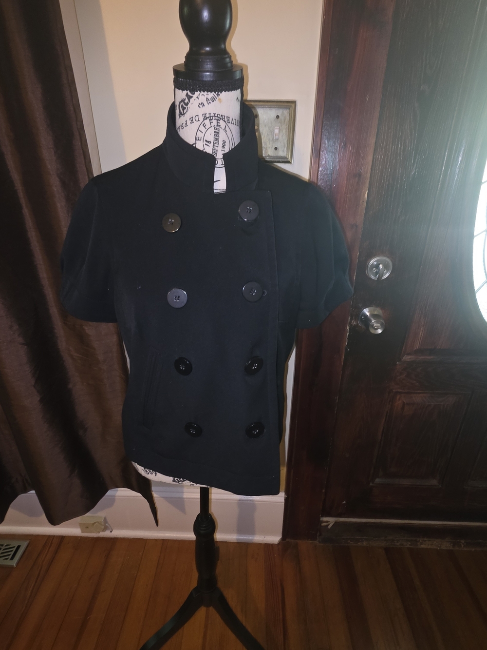 INC International Concepts Black Short-Sleeve Double-Breasted Pea Coat Medium